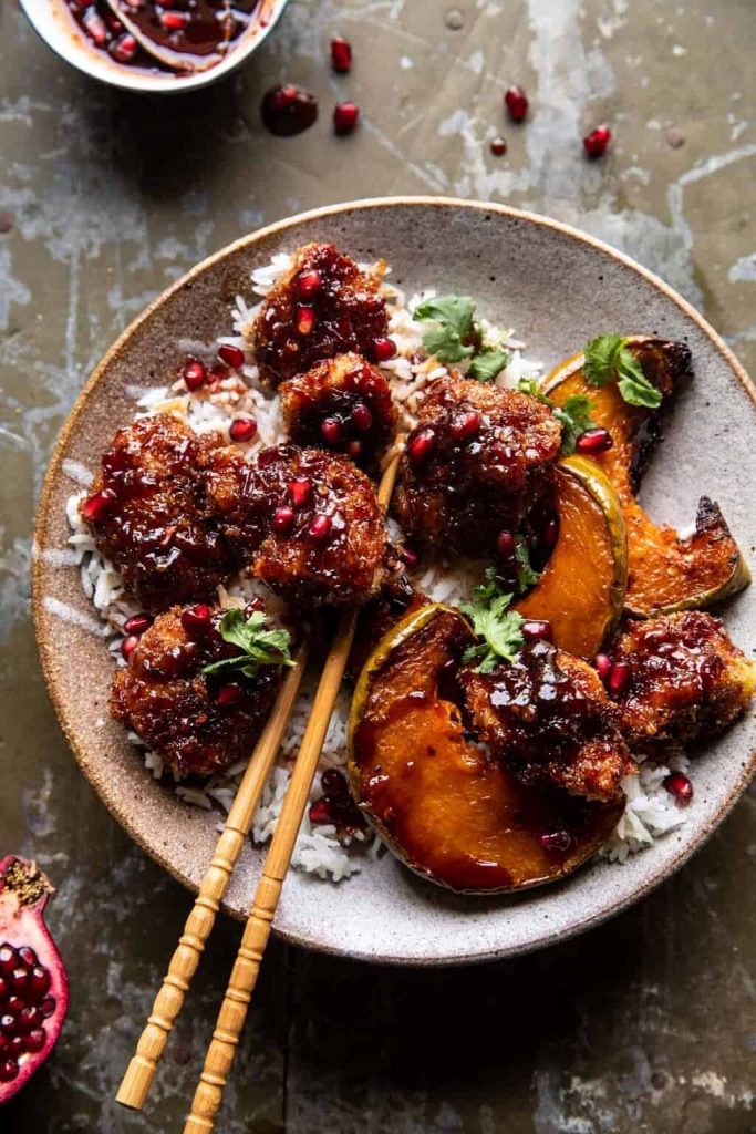 sticky thai pomegranate chicken honey roasted squash fall sheet pan dinner