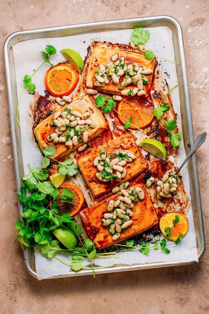 tofu with herby white beans fall sheet pan dinner