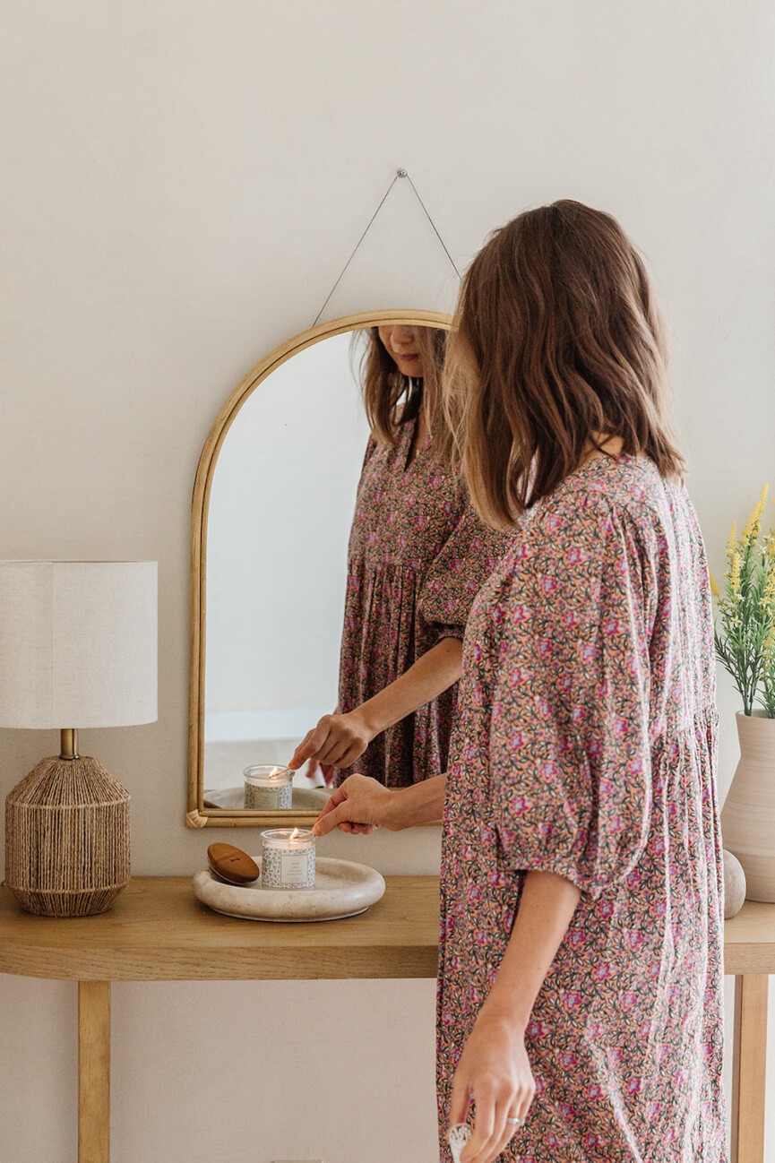 Camille Styles, Easter, spring, Target C1, entryway display, console table, lighting candle, candle, match