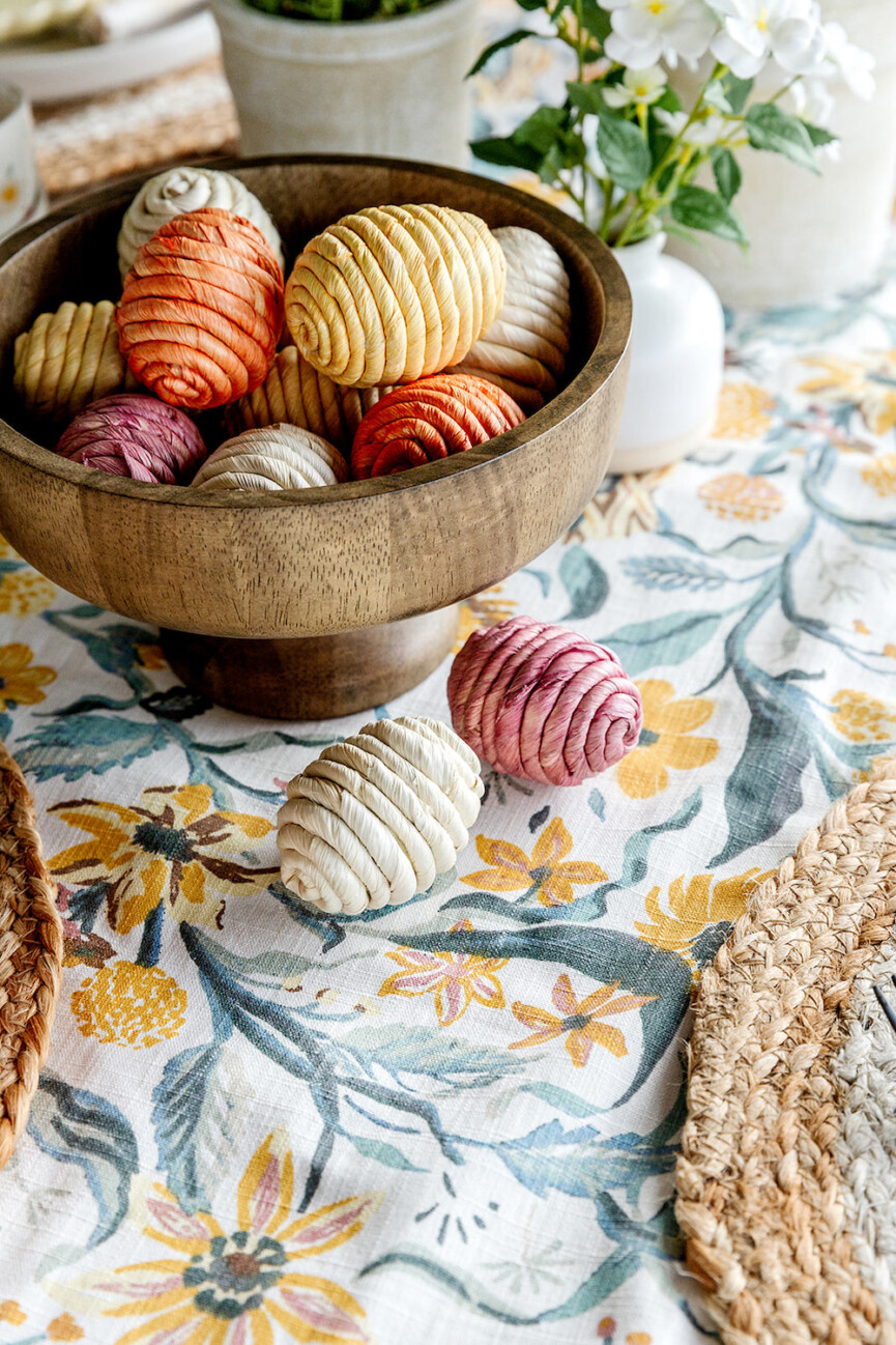 Camille Styles, Easter, spring, Target C1, table setting, brunch, salt and pepper shakers, floral arrangements, spring tablescape, woven eggs, Easter centerpiece