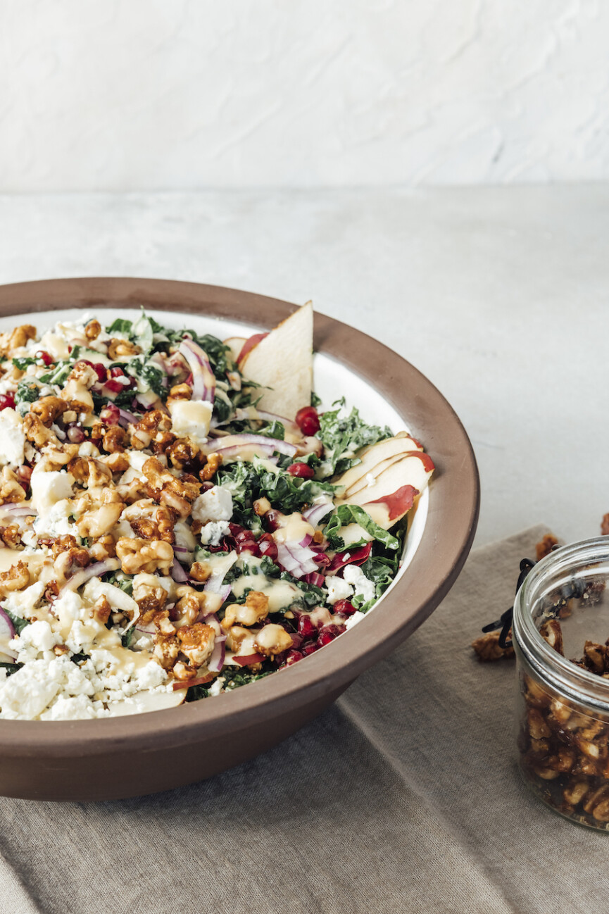 Christmas Salad with Kale, Mustard Shallot Vinaigrette