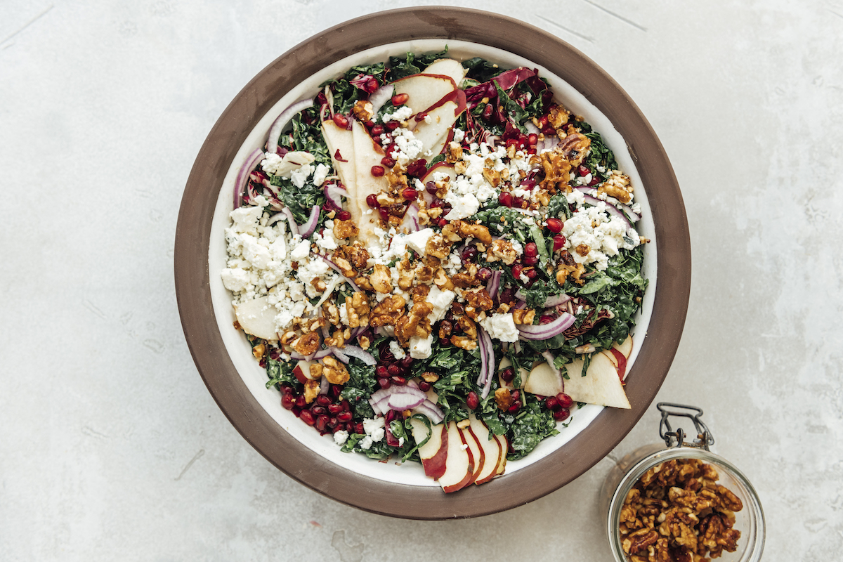 holiday jewels chopped kale salad with mustard-shallot vinaigrette_winter salad recipes