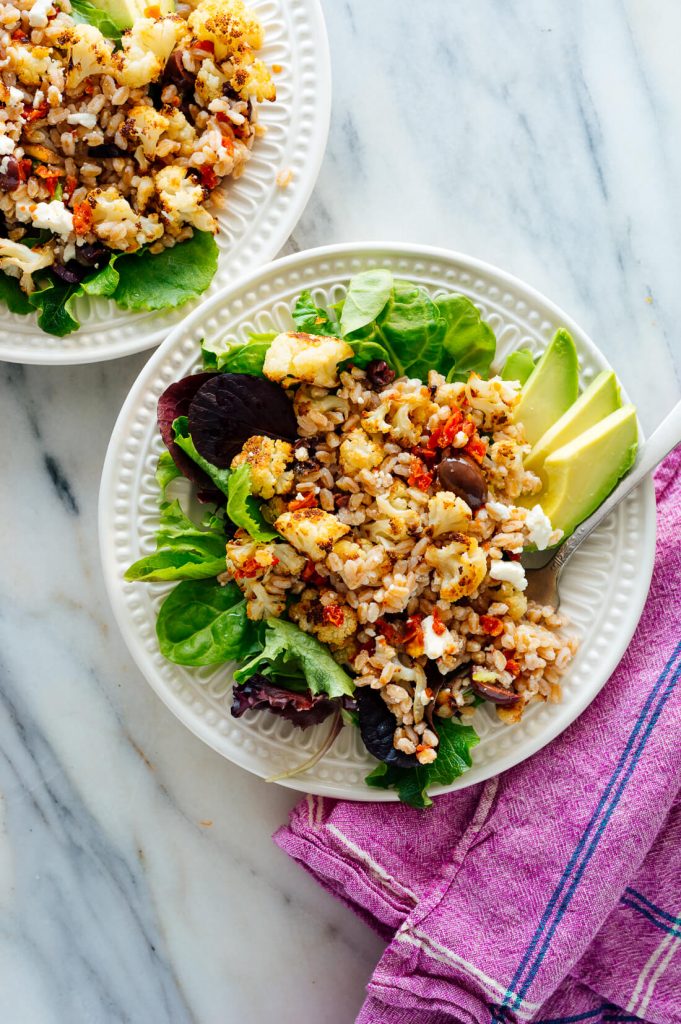Roasted Cauliflower and Farro Salad with Feta and Avocado - warm salad recipes