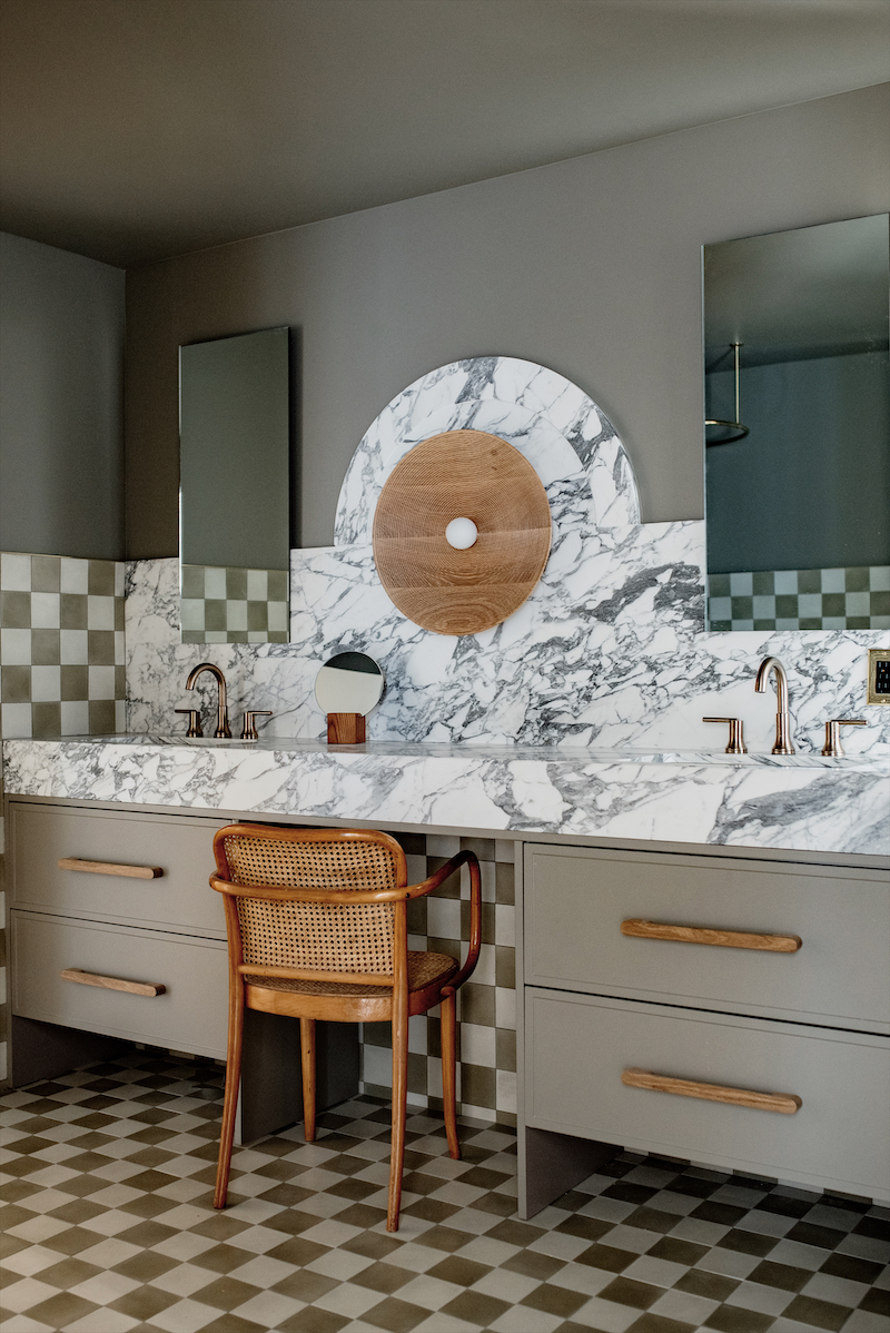 sarah samuel sherman, bathroom, bold guest bathroom, marble, checkered tile
