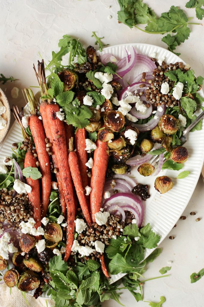 plant based reset - roasted carrot and brussels sprouts salad with lentils