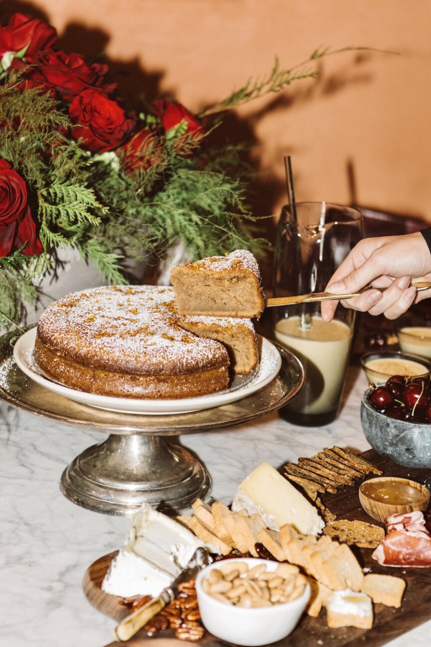 olive oil cake and cheese plate at holiday cocktail party, buffet, elles boutique in austin