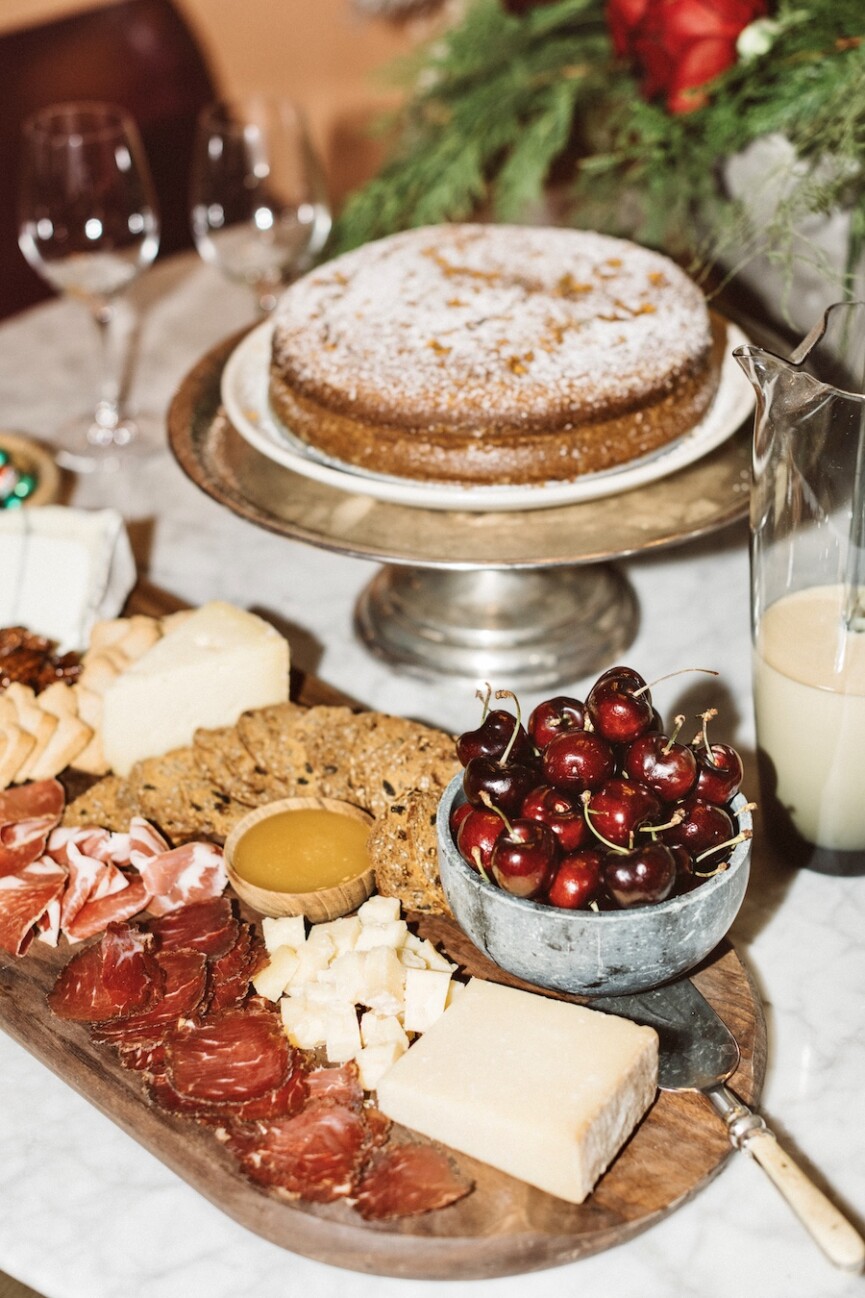 olive oil cake and cheese plate at holiday cocktail party, buffet, elles boutique in austin