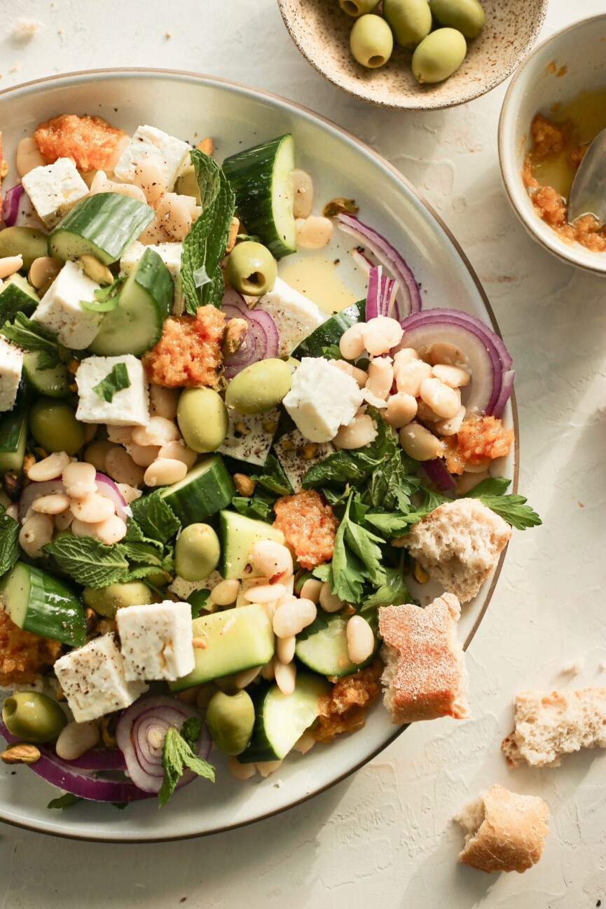 this white bean and feta salad is made special with a honey charred lemon dressing