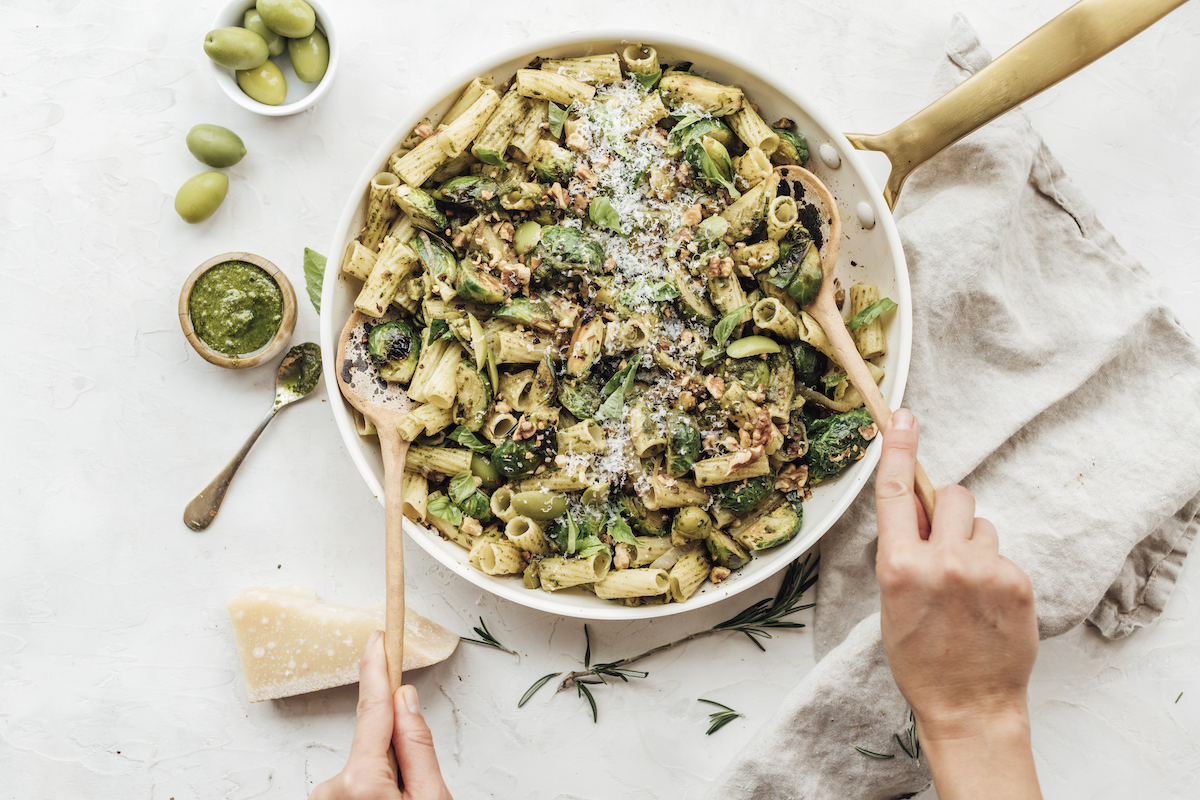 rigatoni with brussels sprouts, kale pesto, and lemon