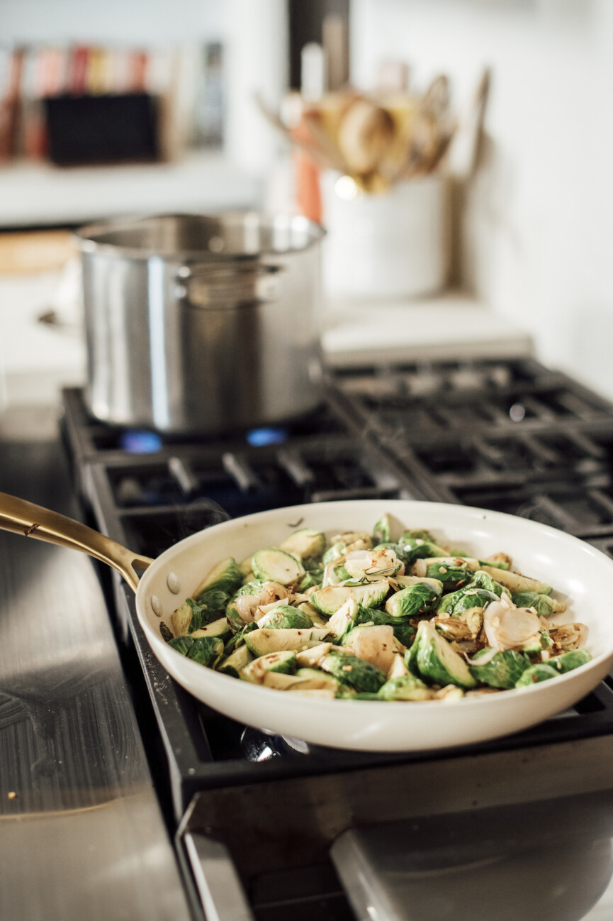 Rigatoni with Brussels Sprouts, Kale Pesto, and Lemon--easy and healthy pasta dinner recipe