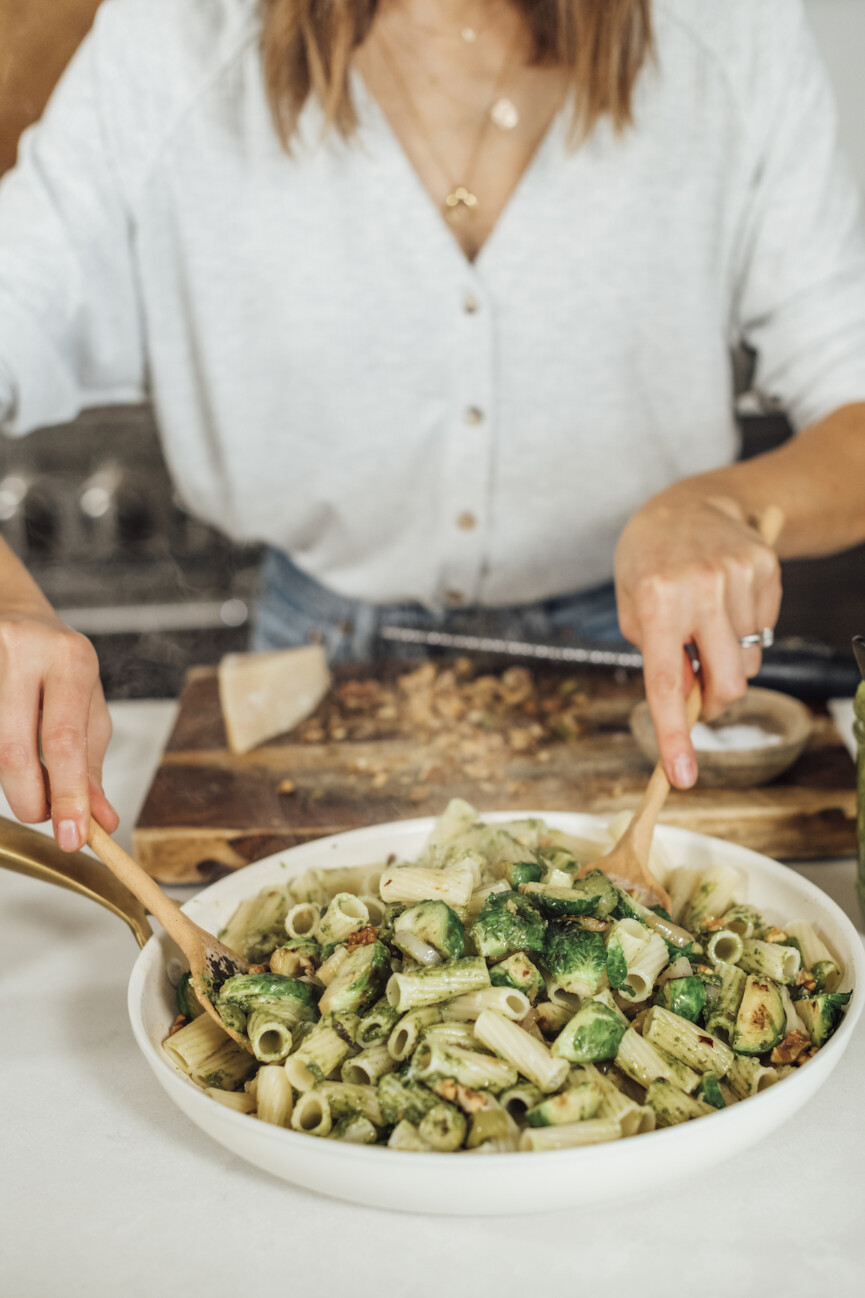 Rigatoni with Brussels Sprouts, Kale Pesto, and Lemon--easy and healthy pasta dinner recipe