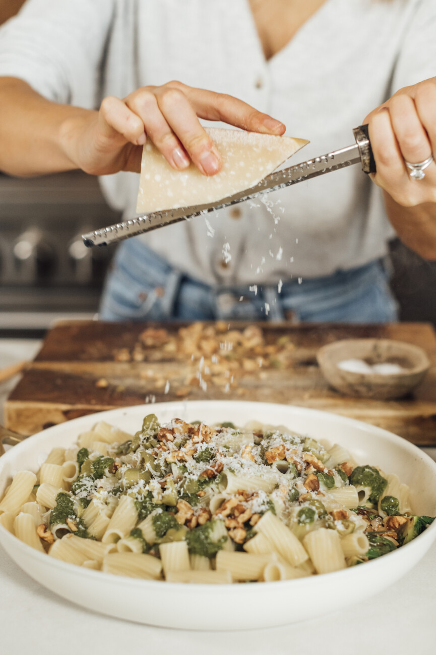 Rigatoni with Brussels Sprouts, Kale Pesto, and Lemon--easy and healthy pasta dinner recipe