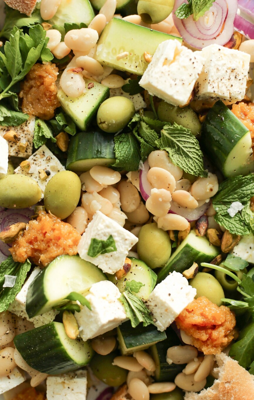 this white bean and feta salad is made special with a honey charred lemon dressing