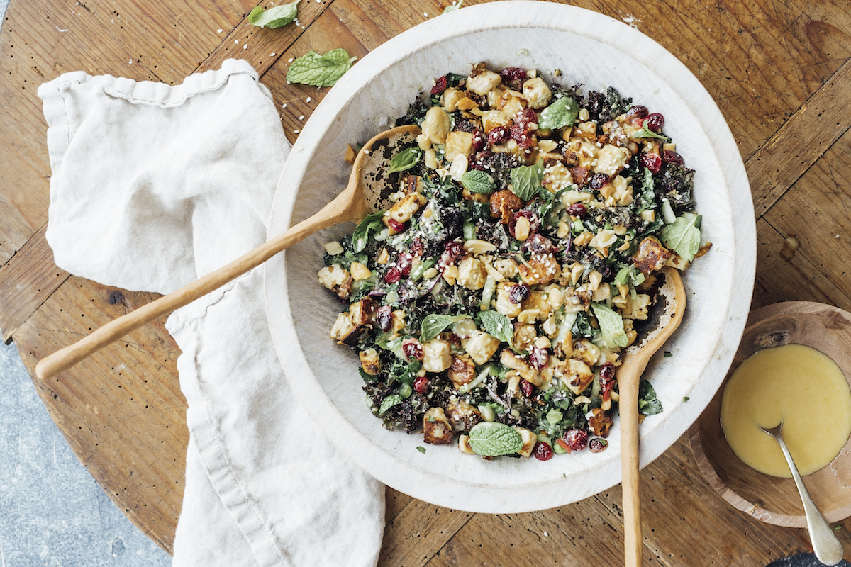shredded kale salad with crispy tofu