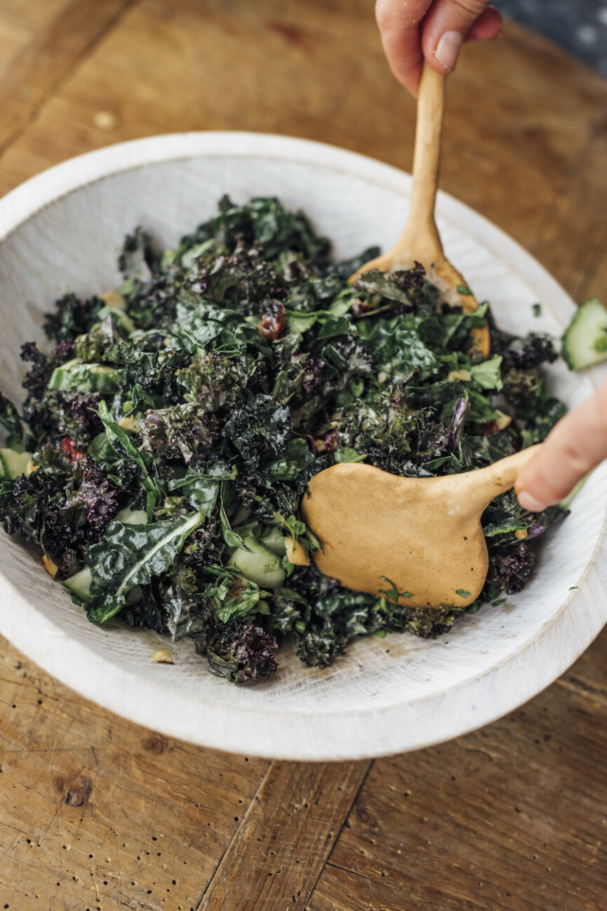 shredded kale salad with cranberries and peanuts, how to massage kale