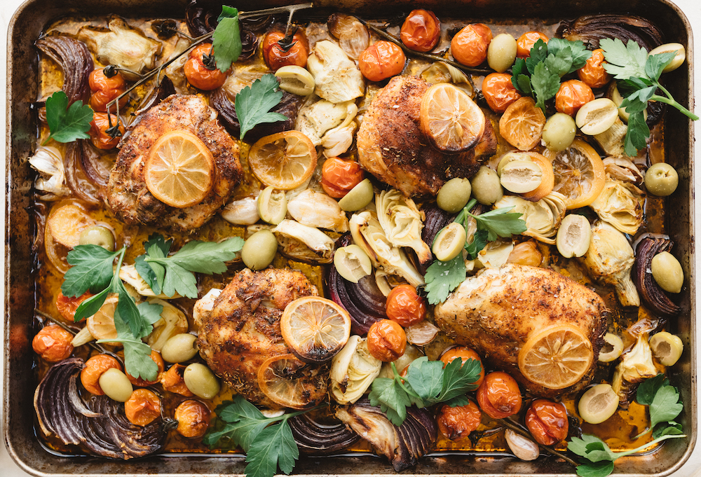 lemony sheet pan chicken with artichokes