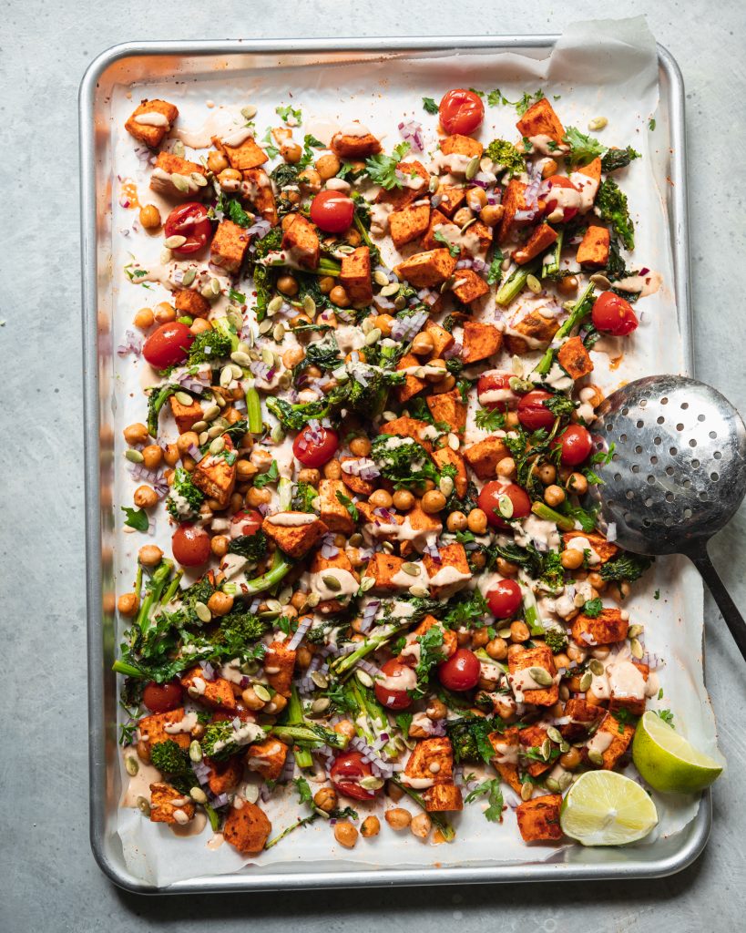 Sweet Potato & Broccoli Rabe Sheet Pan Dinner With Peanut Sauce_easy sheet pan recipes