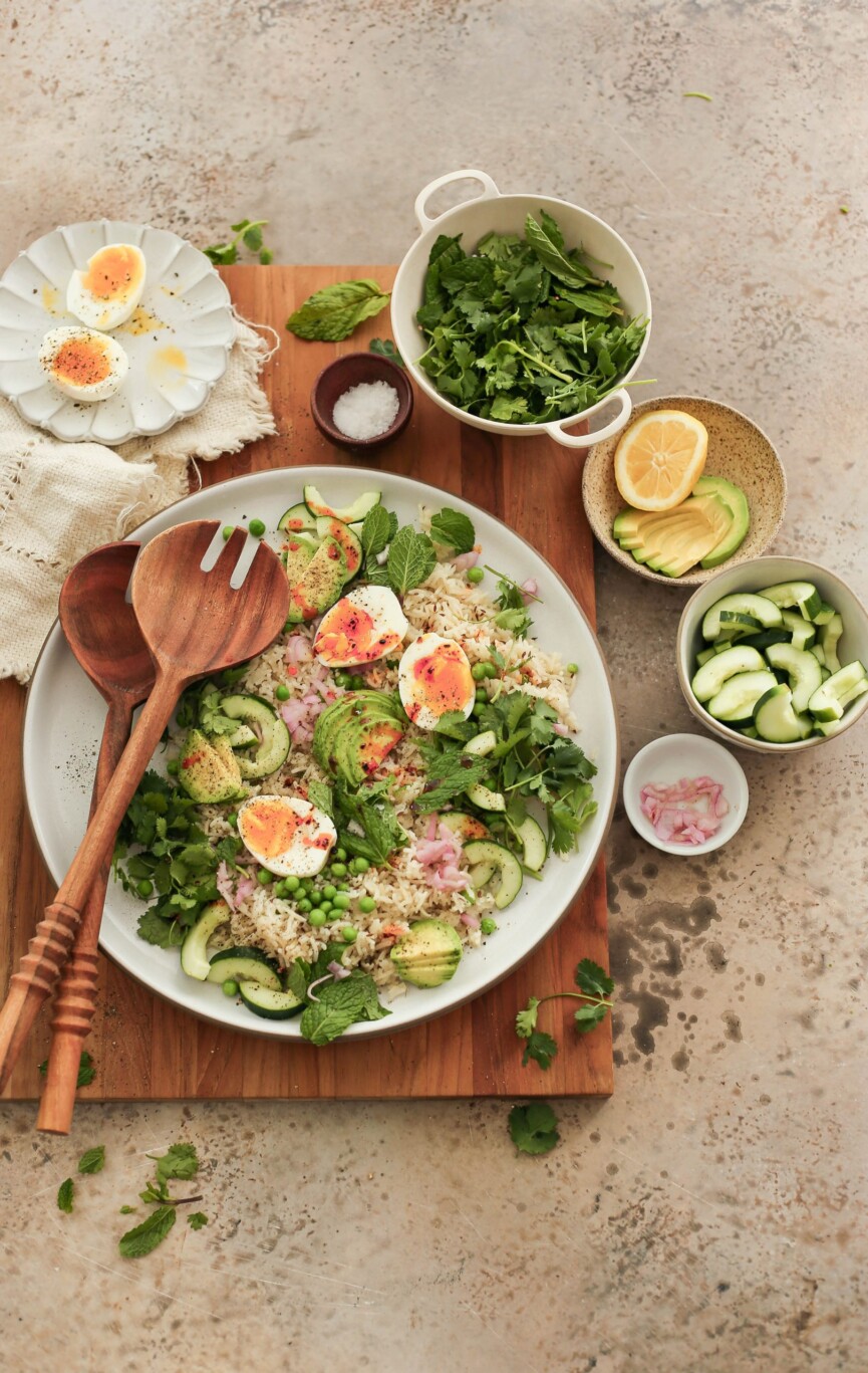 Spring Rice Salad with Fresh Herbs Eggs and Avocado - Vegetarian Protein Packed Salad_amino acids