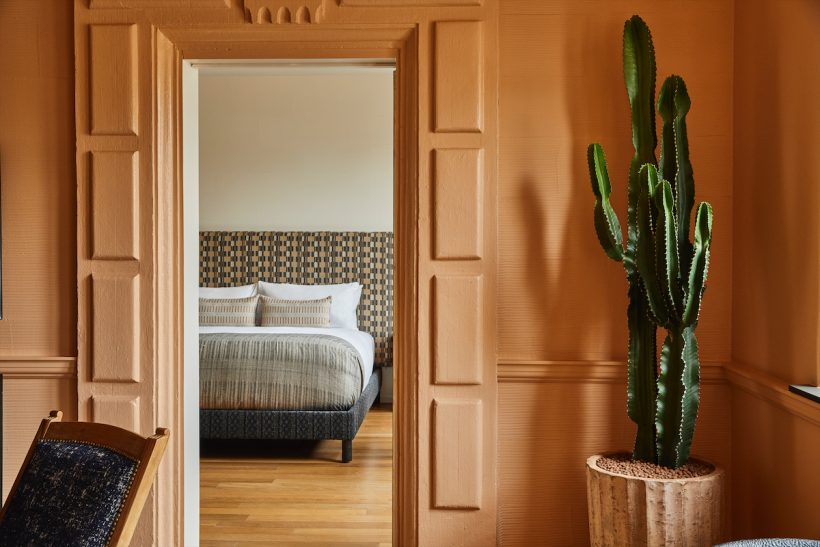 Bedroom of the Proper Hotel designed by Kelly Wearstler_best coral paint colors