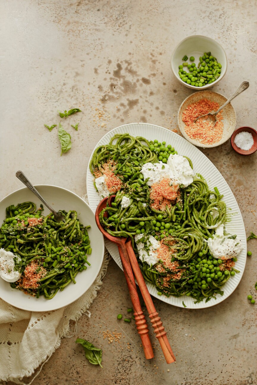 green sauce pasta - green pasta with spring vegetables and burrata