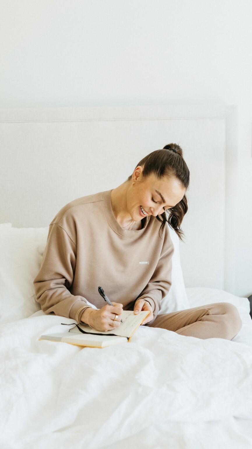 journaling, bed, megan roup's morning routine