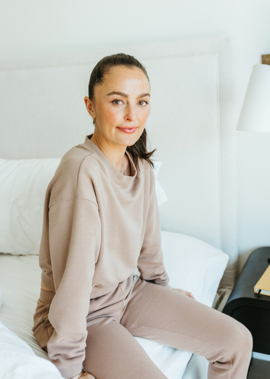 stretching, bed, megan roup's morning routine