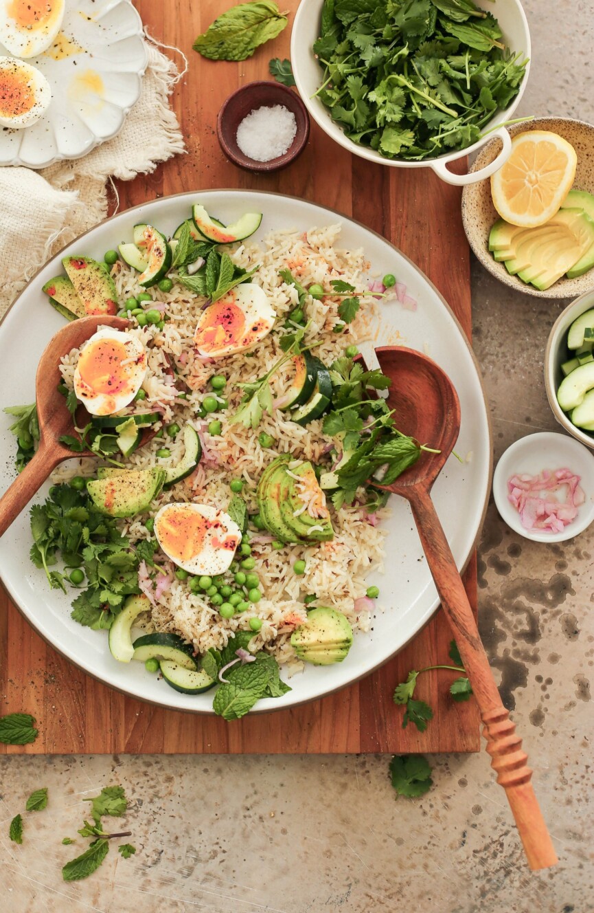 Spring Rice Salad with Fresh Herbs Eggs and Avocado - Vegetarian Protein Packed Salad_women and testosterone