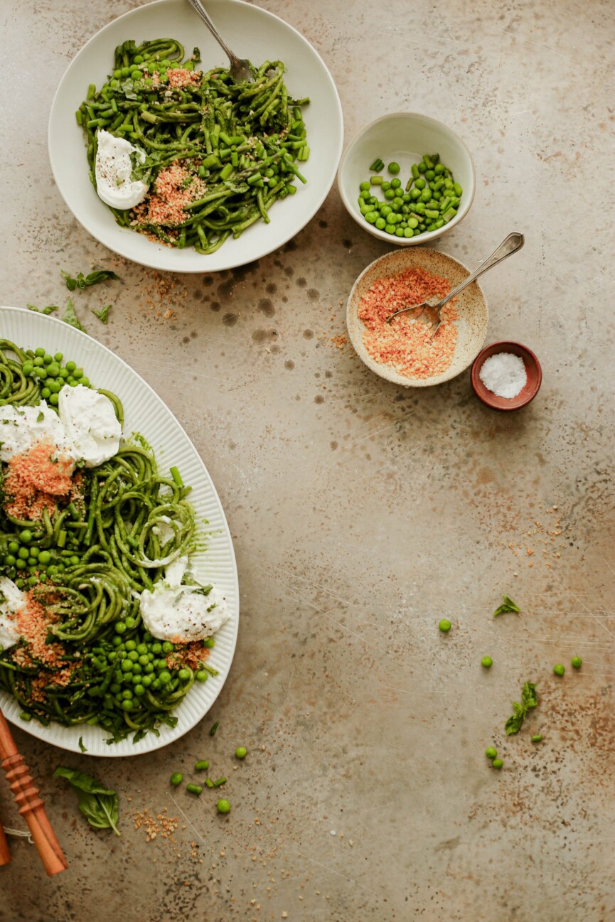 green sauce pasta - green pasta with spring vegetables and burrata
