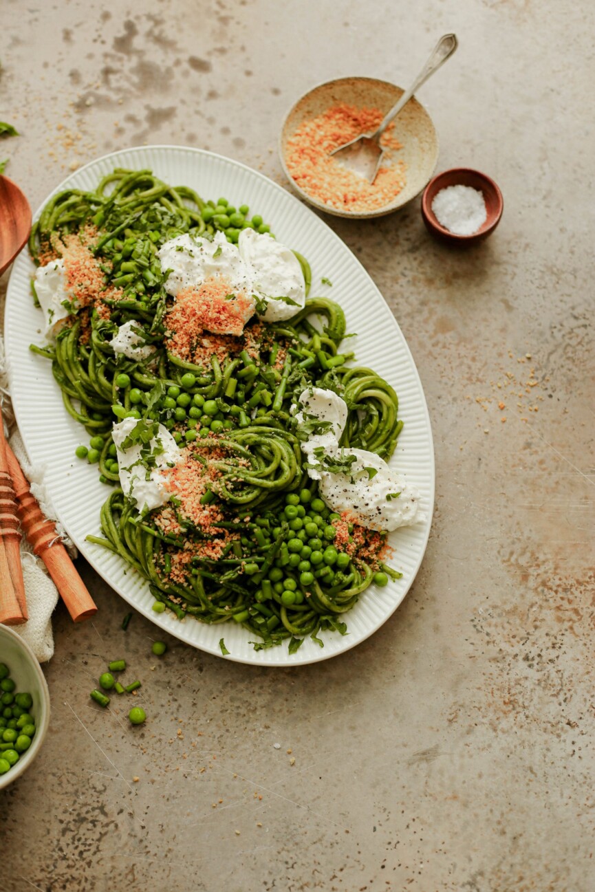 green sauce pasta - green pasta with spring vegetables and burrata