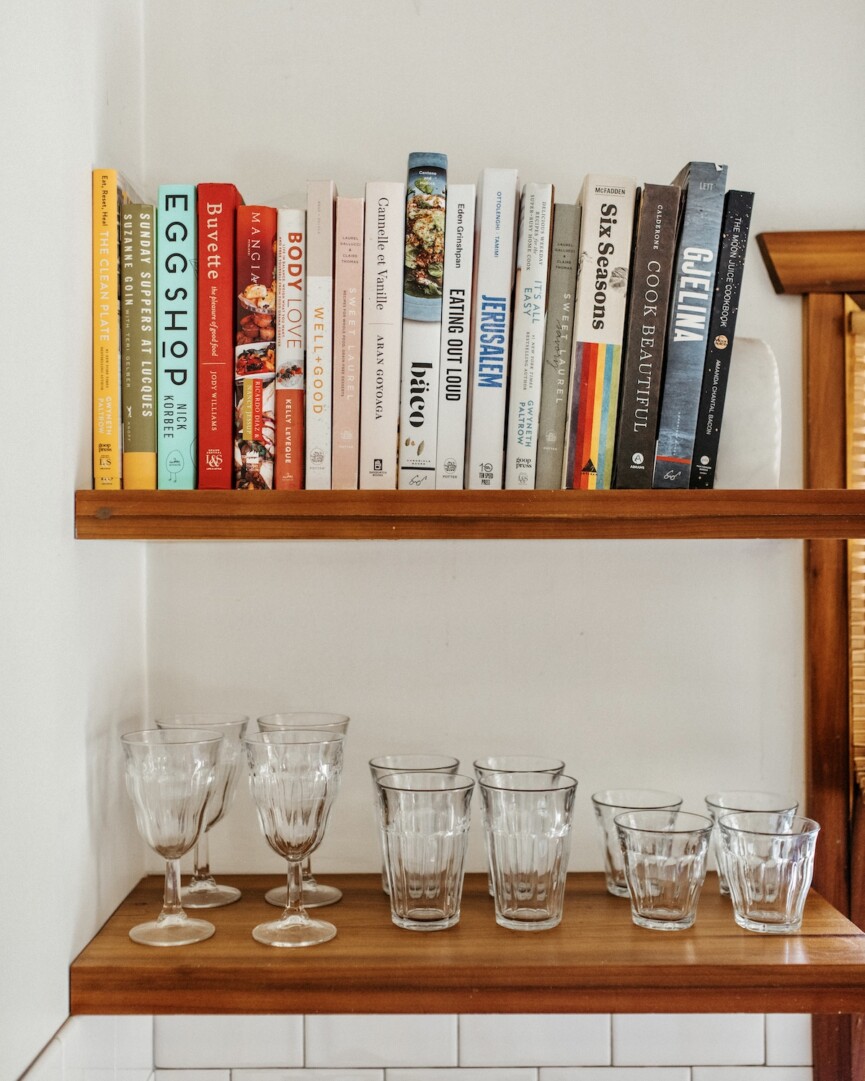 cookbooks and glassware, olivia muniak kitchen