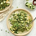 green goddess pasta salad with a lemony zingy dressing and spring vegetables