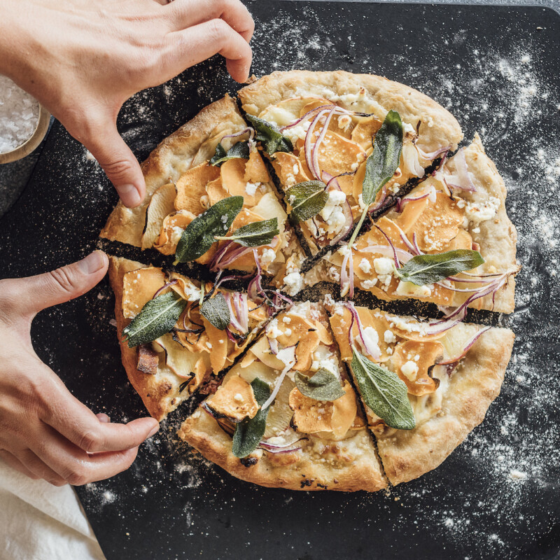 bacon, apple, sweet potato pizza