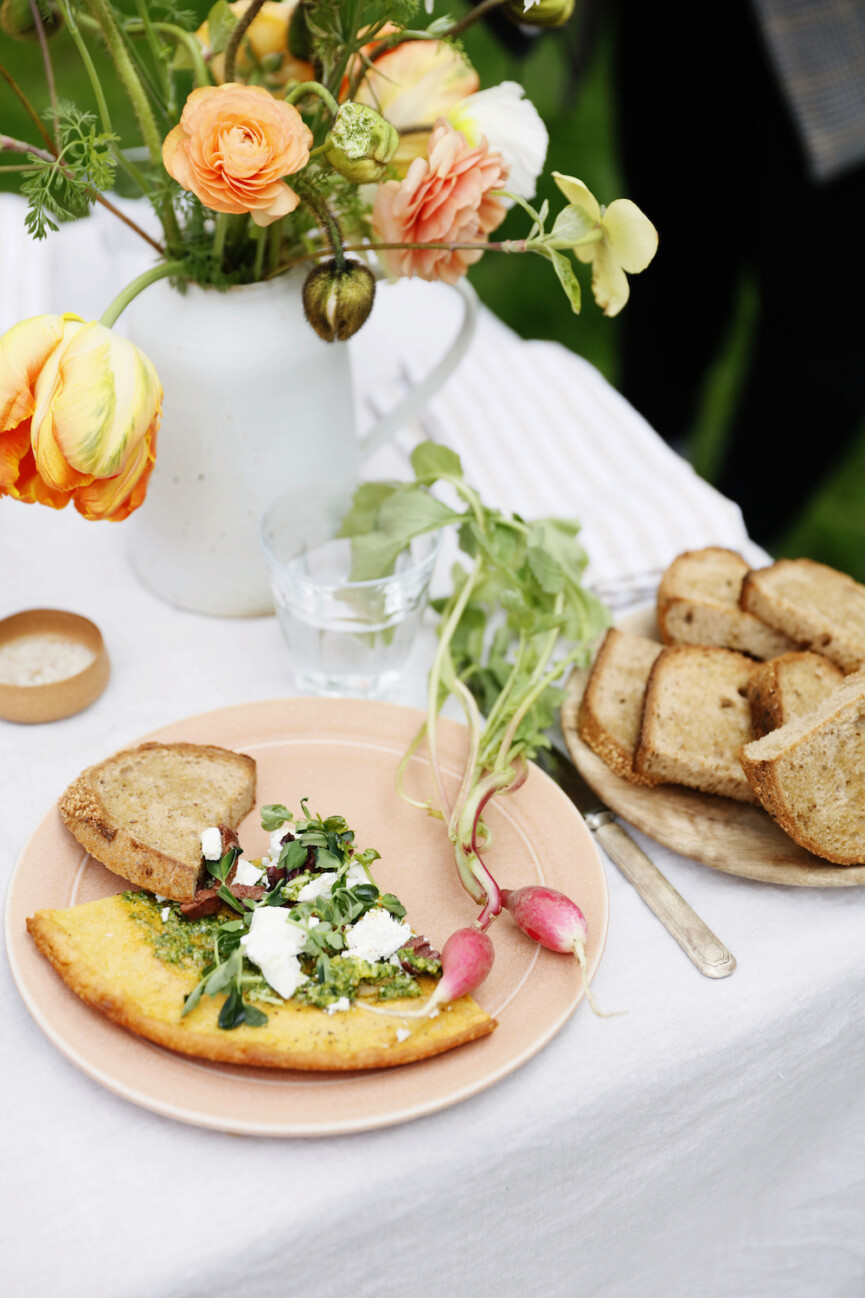 Farinata with Caramelized Onions and Pesto
