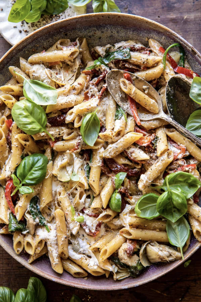 One Pot Spinach and Sun-Dried Tomato Burrata Pasta from Half Baked Harvest, vegetarian pasta recipes