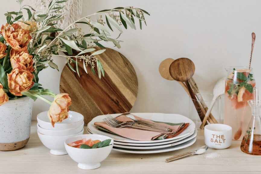 dishes, cutting board, kitchen supplies styling
