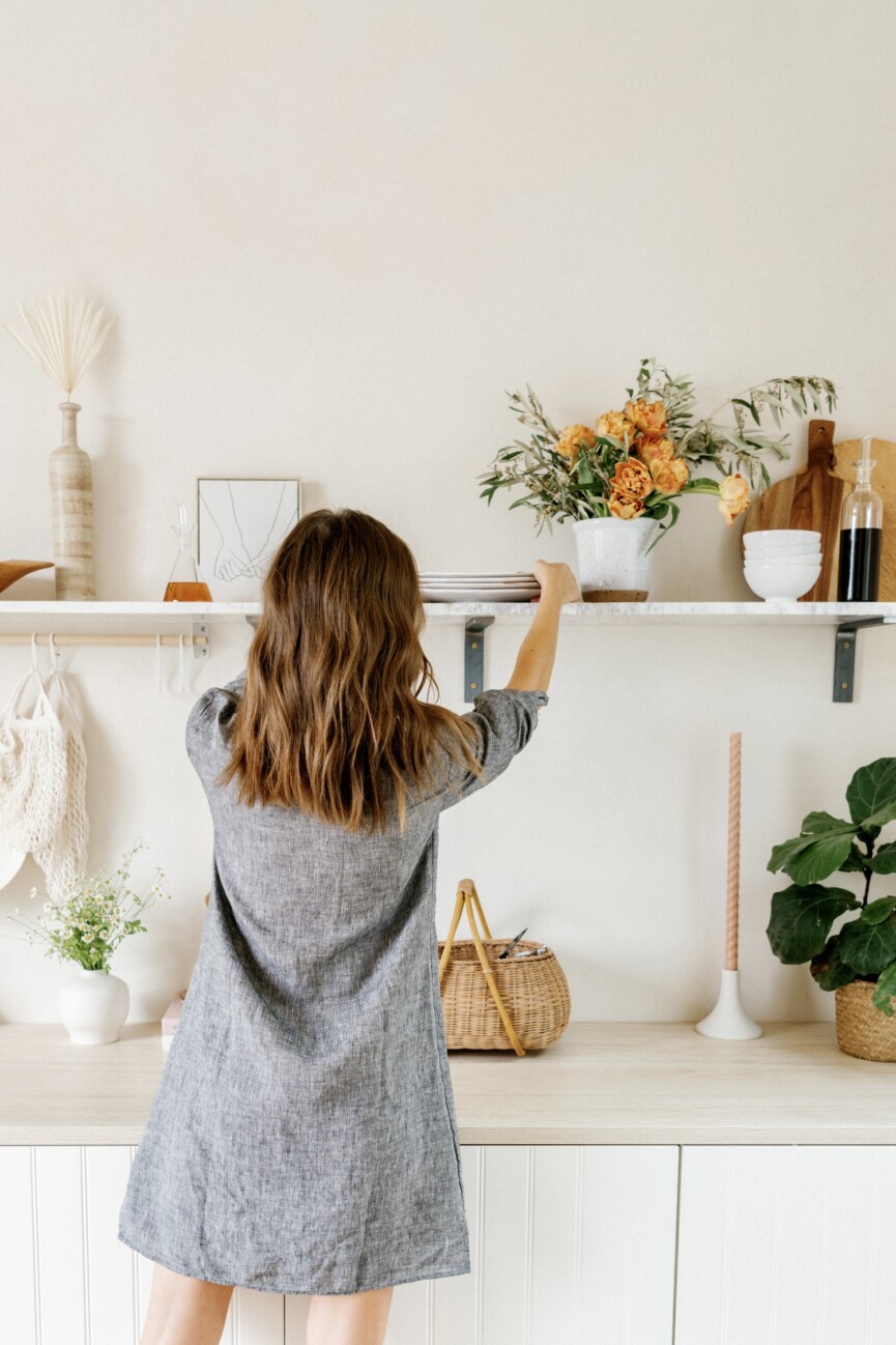 dishes, cutting board, kitchen supplies styling