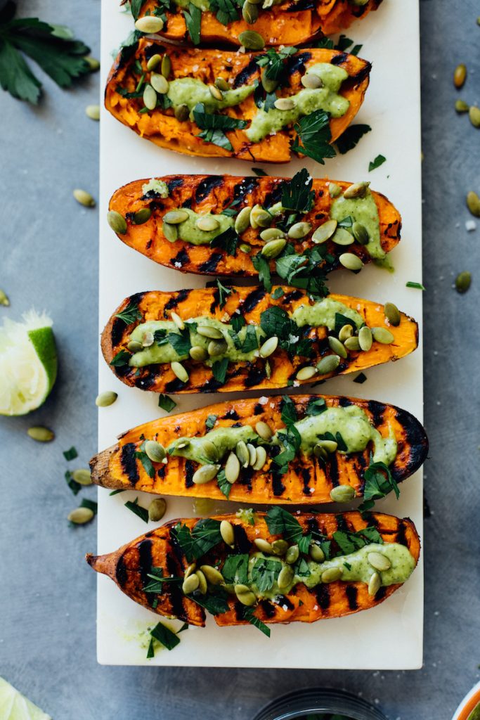 Smashed Grilled Sweet Potatoes with Chimichurri_unique grilling ideas
