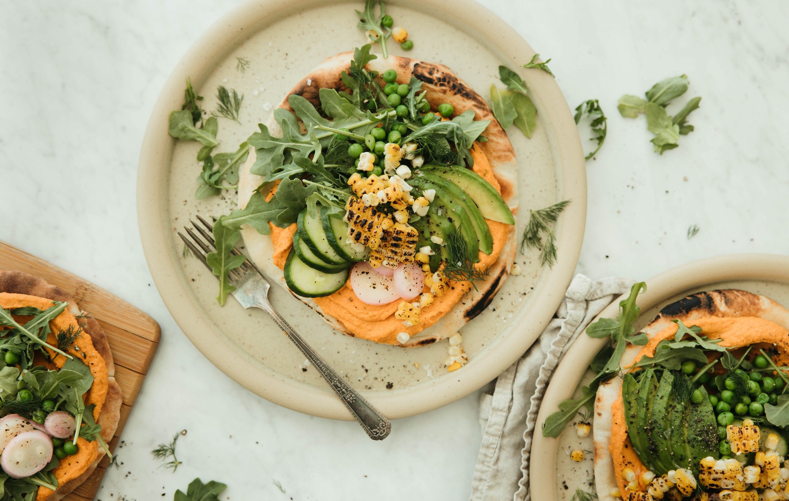 roasted carrot and red pepepr hummus flatbread