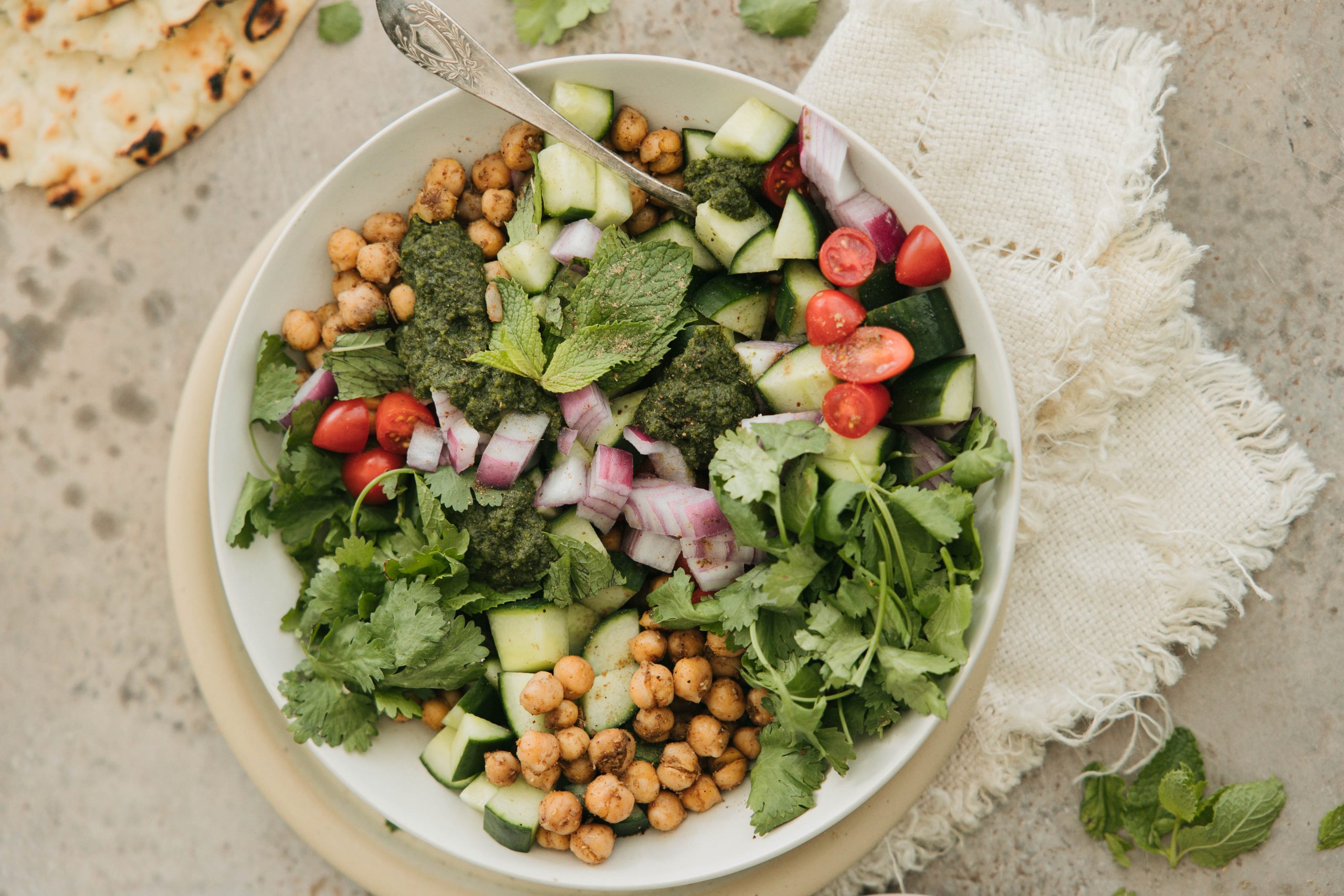 cumin chickpea salad with mint chutney