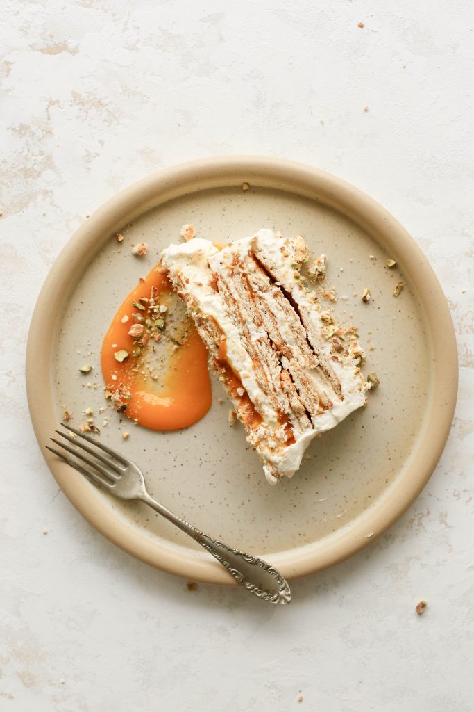 No-Bake Mango and Cardamom Cream Icebox Cake with Salty Pistachio Crumble