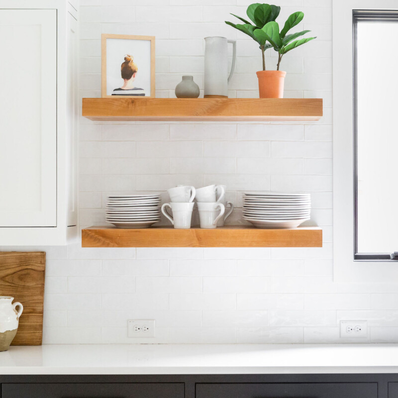 open shelving in white kitchen