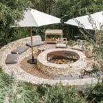 camille styles backyard firepit with umbrellas