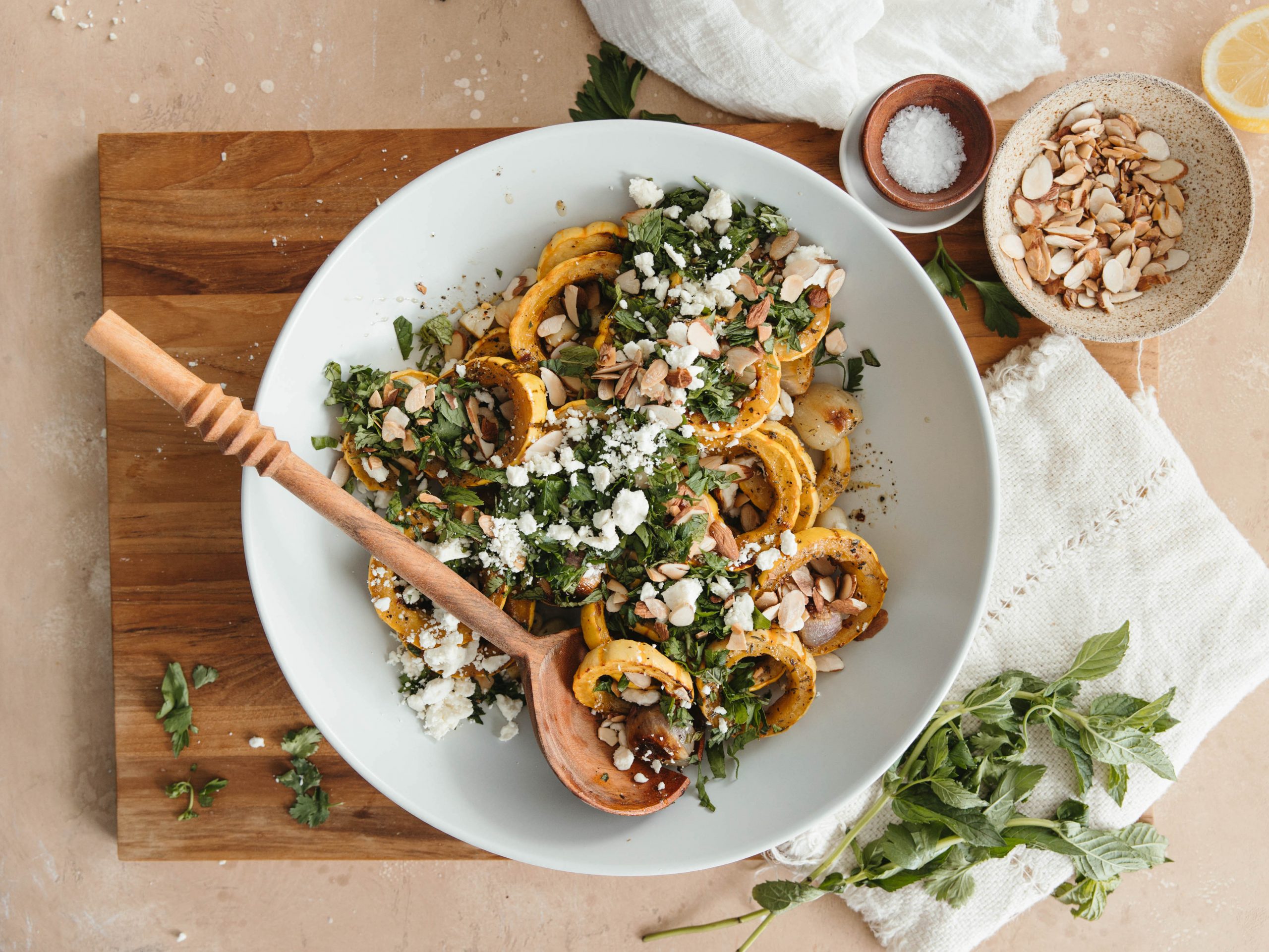 roasted delicata squash with feta, almonds, and herbs_fall salad recipes