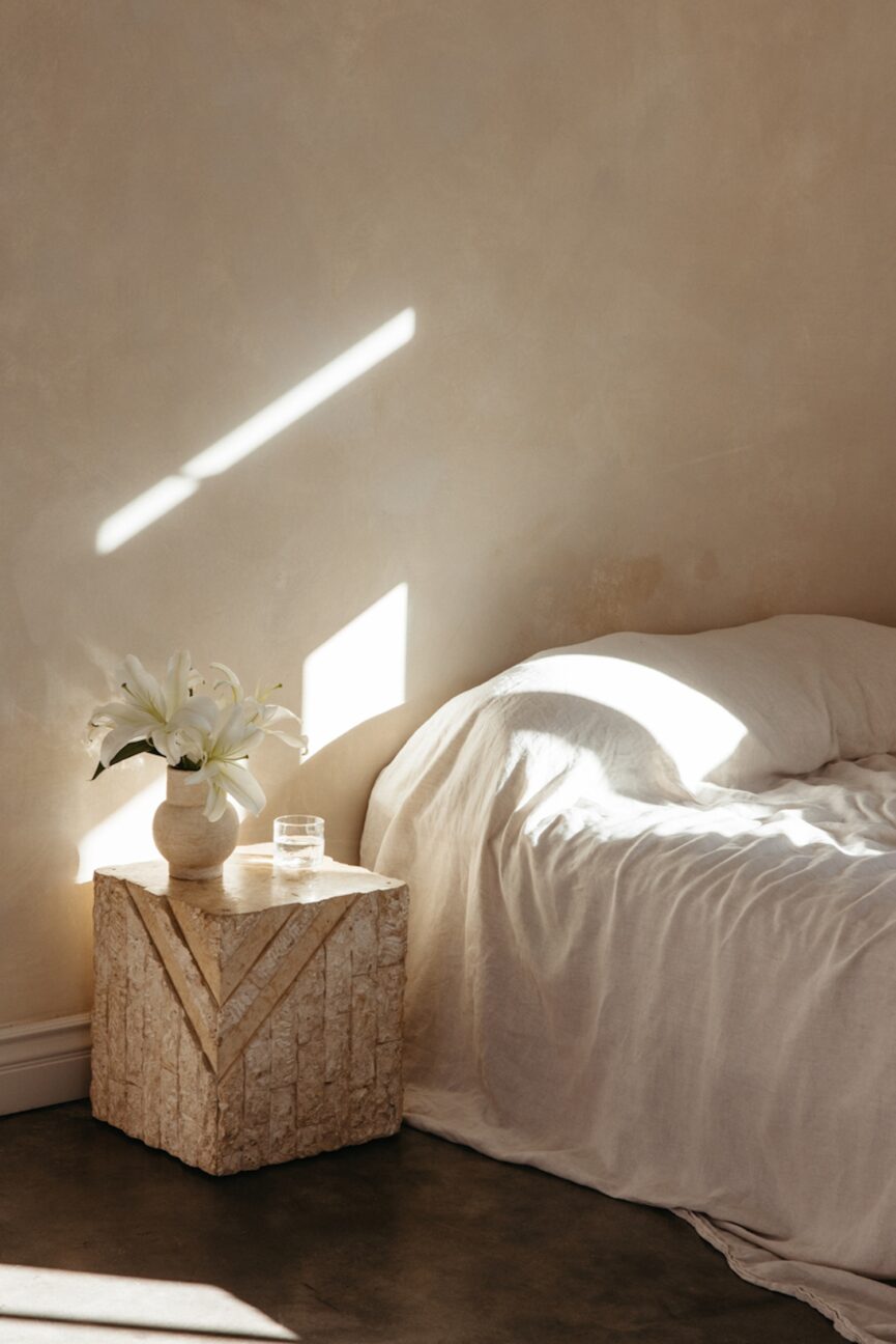 Hygge side table and bed.