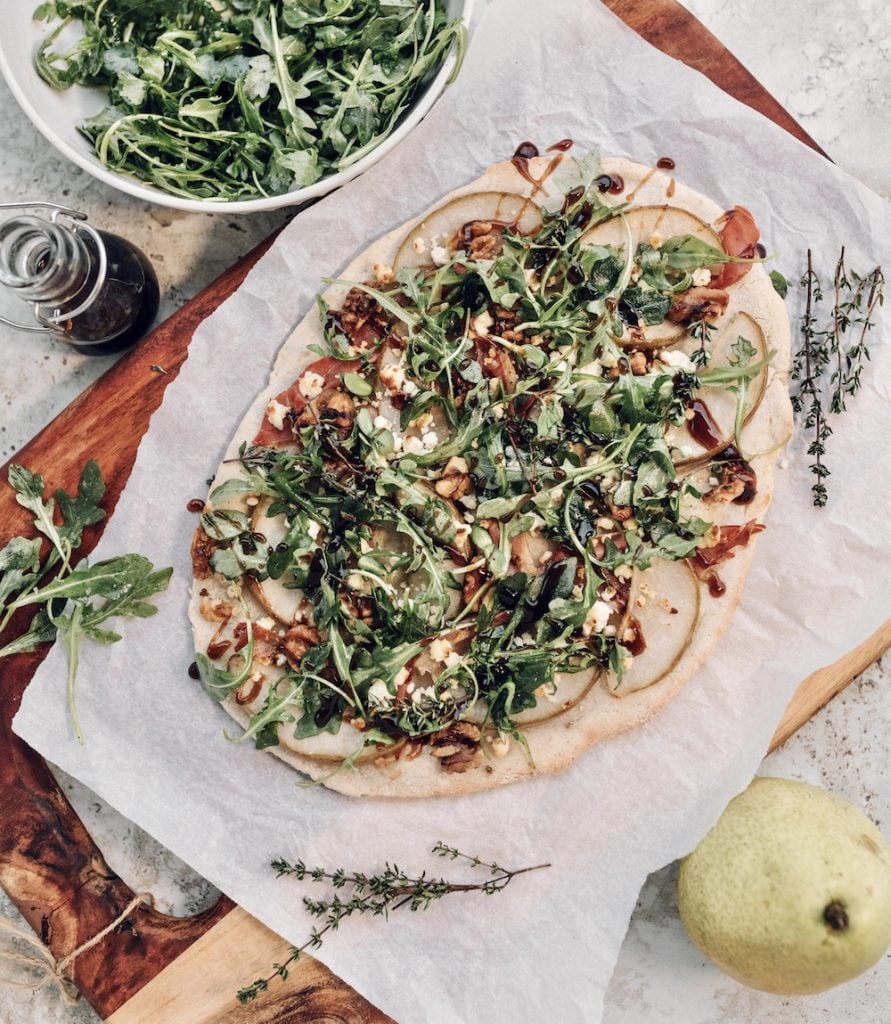 Glazed Pear Flatbread with Prosciutto, Walnuts & Goat Cheese