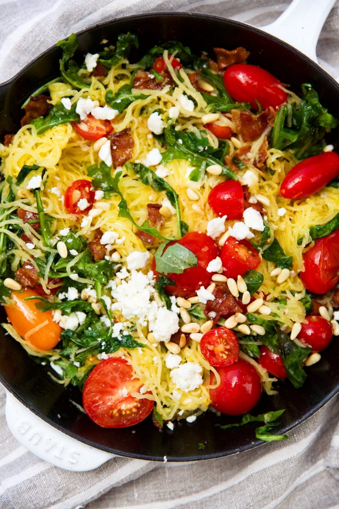 Spaghetti Squash Pasta with Goat Cheese, Arugula, & Bacon