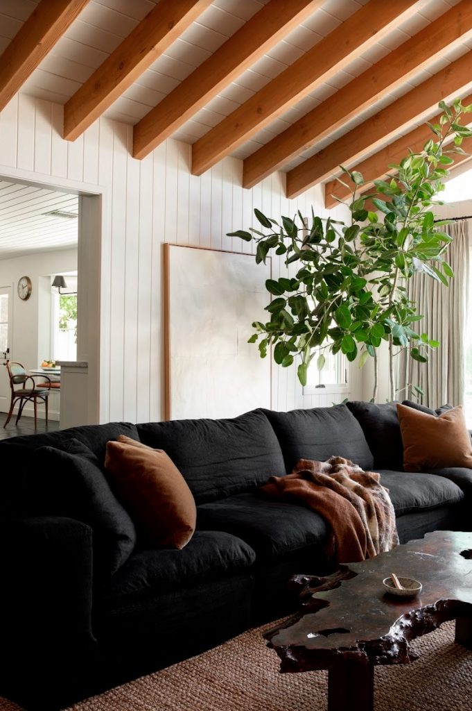 living room with black linen sofa
