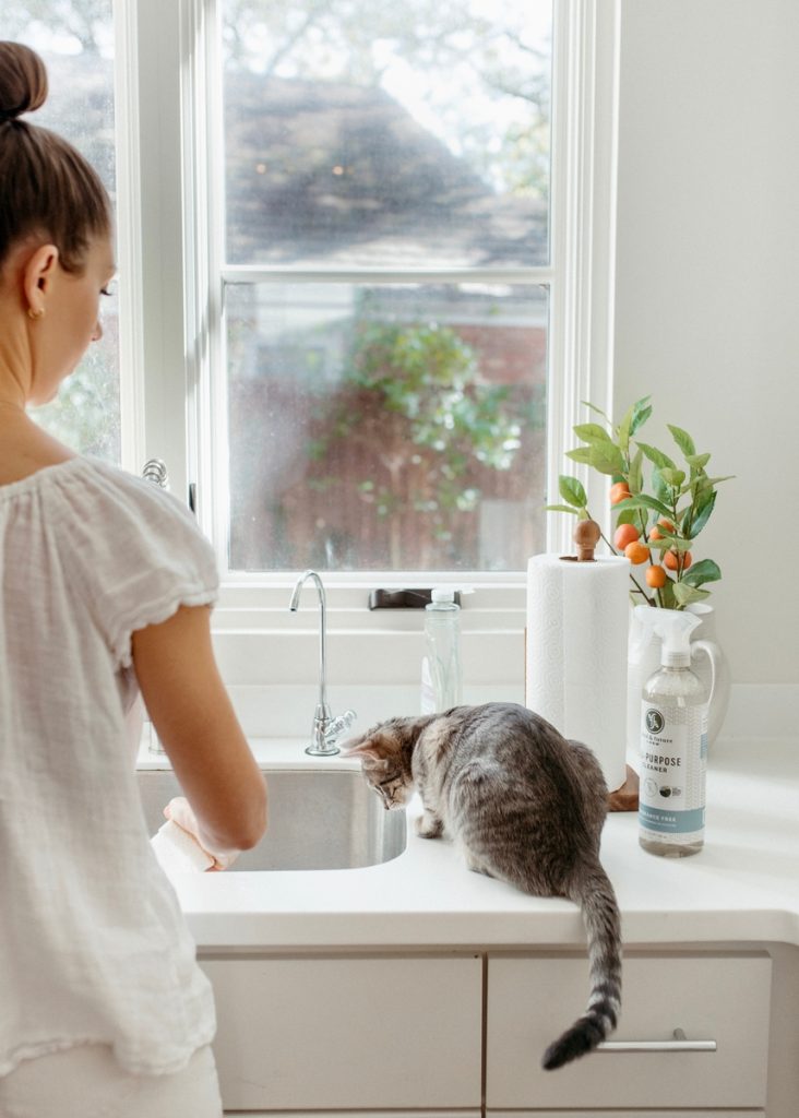 Camille Styles cleaning kitchen with cat_how to ask for help