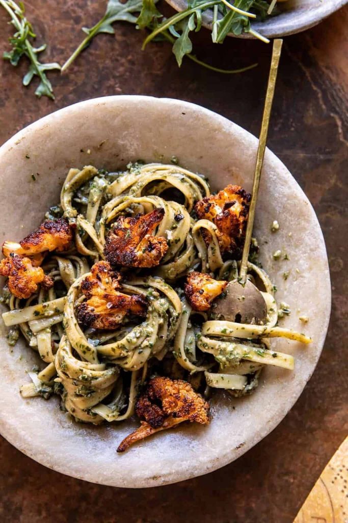 crispy roasted cauliflower with creamy pesto pasta from half baked harvest