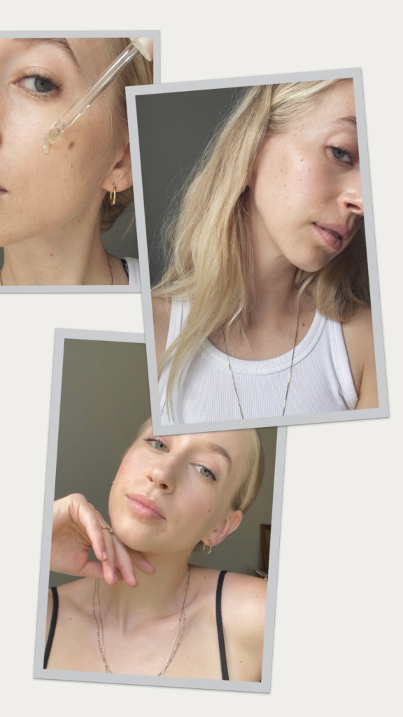Blonde woman showing skincare routine tips for how to clear hormonal acne.